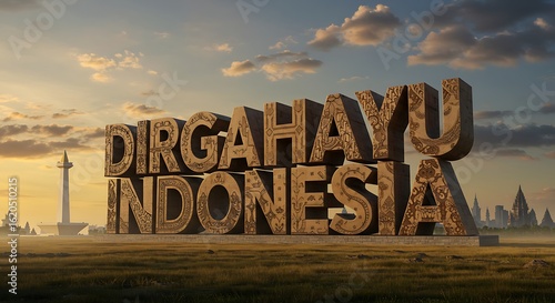 Dirgahayu Indonesia: Monumental 3D Text with National Landmarks

