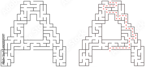 A 20x20 alphabet A letter-shaped educational maze with square cells, with and without solution, learning activity for kids