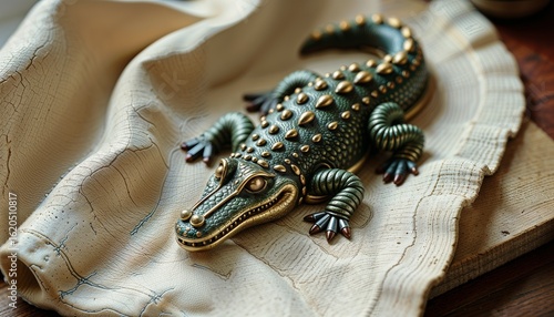 Ornate Crocodile Figurine Elegant Dark-Green Golden Craftsmanship Aged-Leather Background