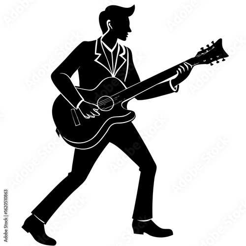 Black silhouette man playing guitar player white