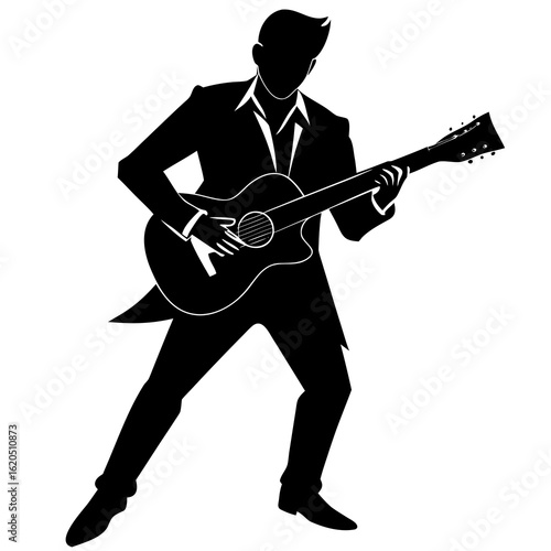 Black silhouette man playing acoustic guitar player