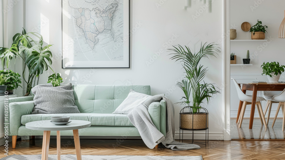 Fototapeta premium This stylish and cozy modern living room showcases vibrant green accents complemented by beautiful artwork