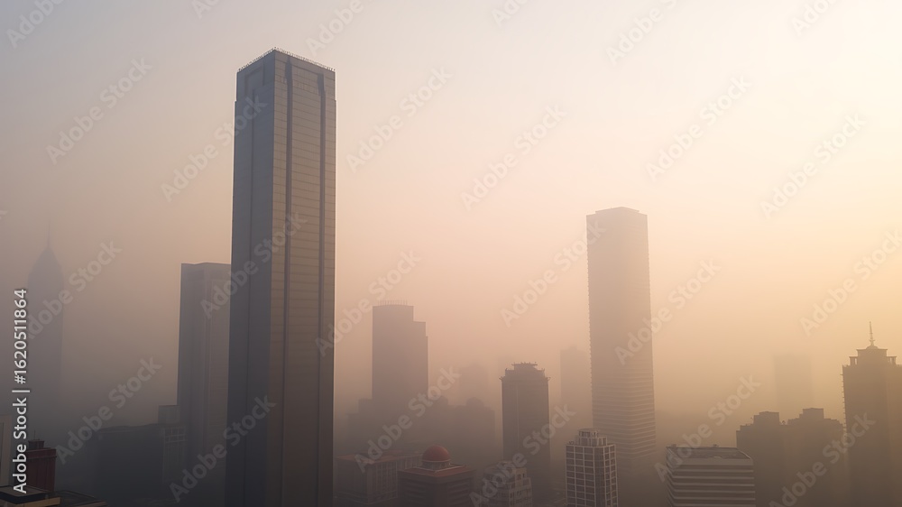 Fototapeta premium Illustration of skyscrapers shrouded in thick fog and smog create a dramatic urban landscape, highlighting the severity of air pollution