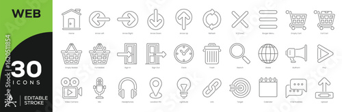 Modern Web & Mobile UI Icon Set - 30 Editable Stroke Vector Icons (E-Commerce, Chat, VPN, Blockchain, Headphones)