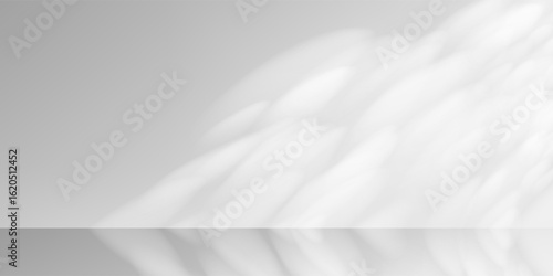 Dappled sunlight casts soft leaf shadows on white wall. Minimal studio room with natural light, concrete floor and abstract overlay. Ideal 3D mockup for cosmetic or summer product display.