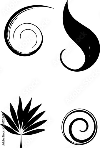 Four icons with a hand-drawn aesthetic: a spiral, a curled leaf, a fan, and another spiral. They appear to be part of a larger set of vector graphics.
