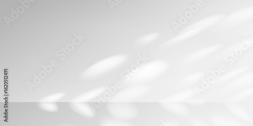 Warm light filters through foliage. Realistic shadow effect on interior wall and floor. Vector scene with window gobo and plant silhouette. Perfect for natural beauty product backdrop.