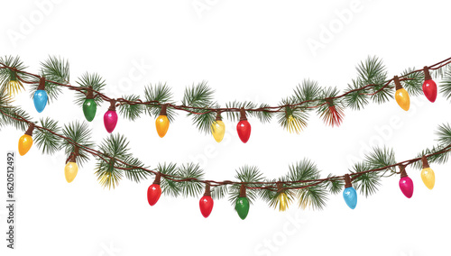 Festive Christmas garland with colorful glowing string lights. Holiday decoration vector illustration isolated on a white background.