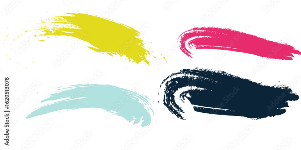 Obraz premium Brush strokes vector. yellow, blue, dark blue, backgrounds. Colorful set of text boxes. Paintbrush collection. Dirty brush texture banners. Rectangular painted objects.eps8