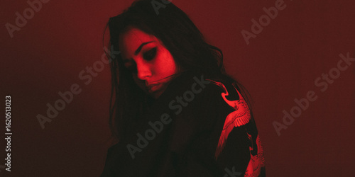 Moody portrait of a woman in colorful lighting, emotional expression in red, blue, and teal tones.
