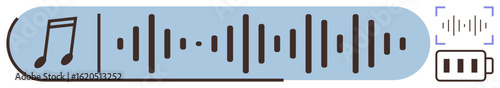 Musical note, soundwaves, and battery icon symbolizing audio playback, music streaming, or recording tools. Ideal for technology, entertainment, sound design energy focus or music-related themes. A