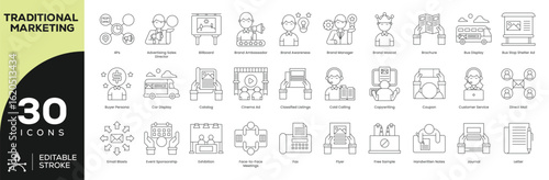 Traditional Marketing Icon Set - 30 Editable Stroke Vector Icons for Branding, Advertising & Sales (Brochure, Coupon, Bus Ads, Direct Mail)