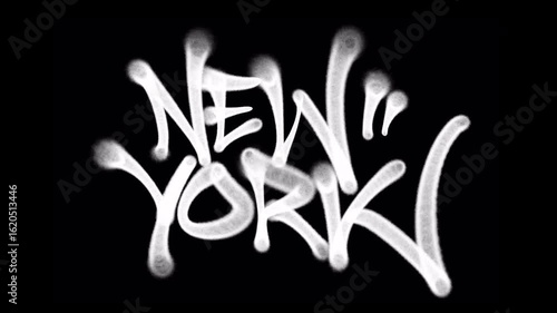 Graffiti tag animation 4K writing “NEW YORK” in white on black background. Bold urban street art style with dynamic handstyle and spray paint motion effect.	