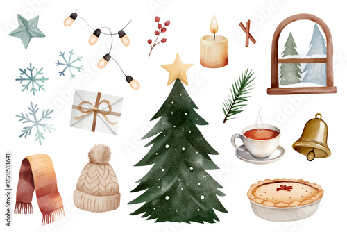Cozy christmas watercolor set. Hand drawn winter clipart. Tea, pie, tree, snowflakes, garland, window and letter.