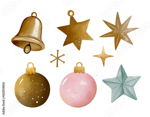Hand drawn christmas decor set. Watercolor baubles in soft pink and shiny gold tones.
 Stars, bell