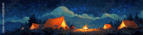 Camping with tents and campfire under starry night sky illustration