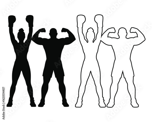 Boxing couple celebrating victory silhouette and outline