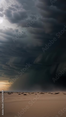 Cinematic vertical view of a massive storm front with dark, turbulent clouds rolling over a vast desert landscape at dusk.