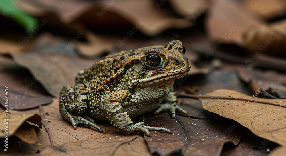 Obraz premium Toad camouflaged among fallen leaves on the Amazon rainforest floor, focus on the texture of its skin.
