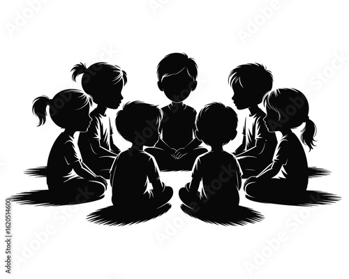 Children sitting in a circle silhouette kids group