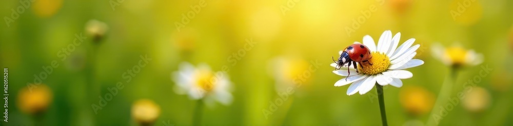 Fototapeta premium A ladybug rests on a daisy in a sun-drenched field , pretty, summer