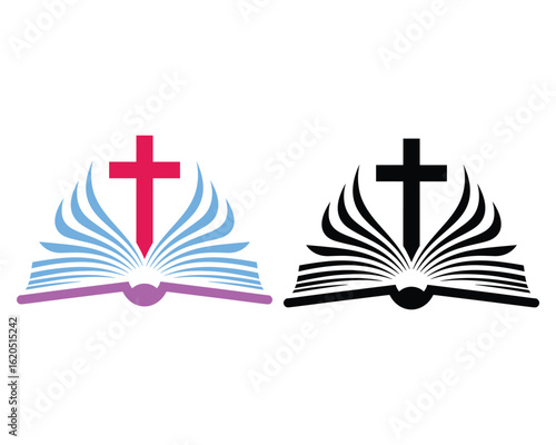 Open book with cross symbol in color and black white
