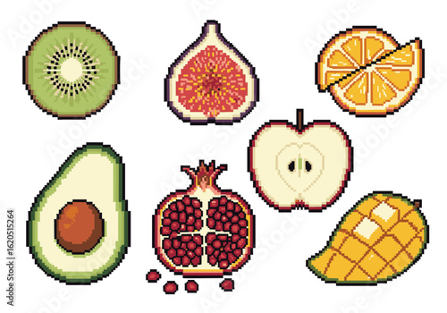 Pixel Art Fruit Collection: Kiwi, Fig, Orange, Apple, Avocado, Pomegranate, Mango
