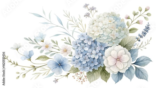 Watercolor floral bouquet with blue and white hydrangeas isolated on white background, perfect for wedding invitations and romantic designs
