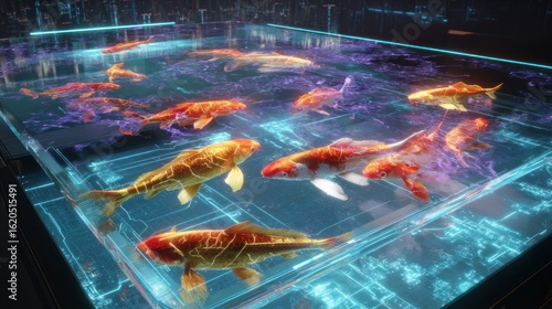Wallpaper Mural Koi Fish Swimming in a Futuristic, Glowing, Circuit Board Aquarium Torontodigital.ca