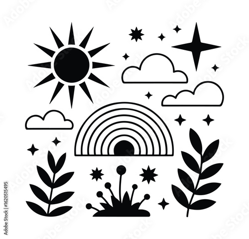 Minimalist Black and White Rainbow with Sun, Clouds, Stars and Leaves – Modern Boho Celestial Nature Line Art for Wall Art and Prints, vector, graphic, design