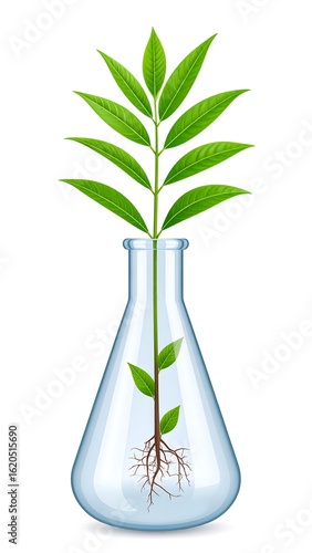 A young plant growing in a clear flask