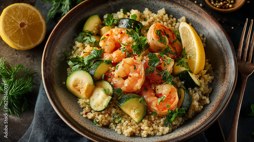 Wallpaper Mural Grilled Shrimp with Zucchini and Lemon: A vibrant dish featuring succulent grilled shrimp, complemented by tender zucchini slices, fresh herbs, and a zesty lemon wedge, all beautifully presented. Torontodigital.ca