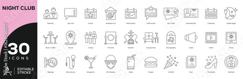 Nightclub VIP Experience Icon Set - 30 Editable Stroke Vector Icons for Events, Lounges & DJ Culture (Membership, LED Glasses, Bottle Service
