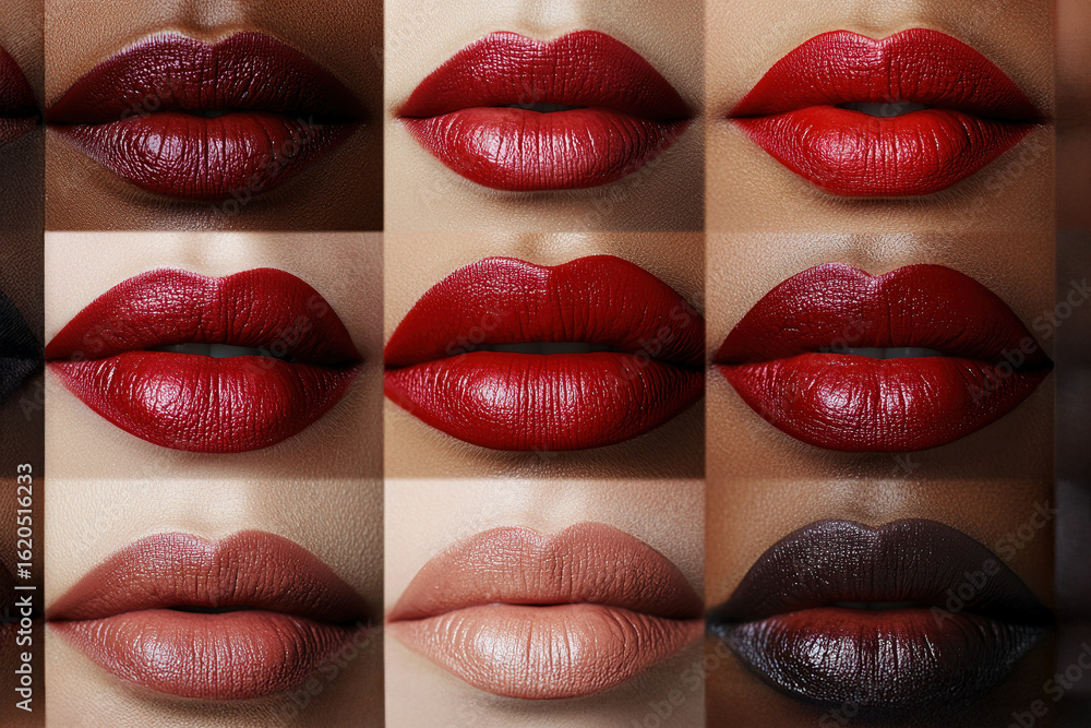 Obraz premium Closeup of nine different lips with various red and nude lipstick shades, glossy and matte textures, showcasing modern beauty trends.