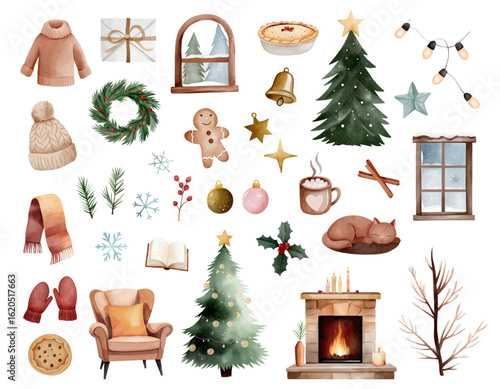 Big cozy christmas watercolor set. Hand drawn winter clipart. Xmas. Hot drinks, fireplace, trees, cat, socks, snowflakes, cookies