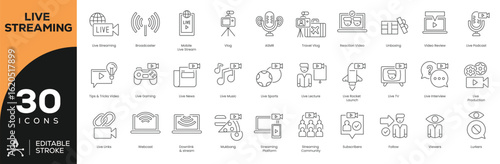Live Streaming & Content Creation Icon Set - 30 Editable Stroke Vector Icons for Broadcasters, Gamers & Podcasters (Reactions, Subscribers, Webcasts)