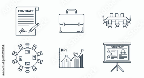 A set of six business-themed line icons showing a contract, briefcase, meeting tables, KPI chart, and strategy presentation.