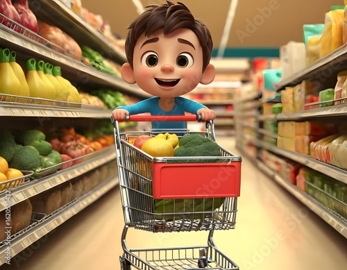 3D Cartoon Boy Grocery Shopping on a plian background: A cheerful cartoon boy pushes a full shopping cart, brimming with groceries. cartoon boy in supermarket