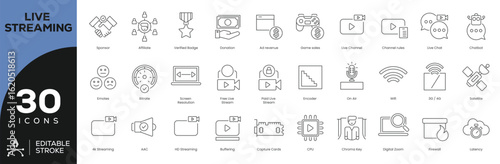 Live Streaming Technology Icon Set - 30 Editable Stroke Vector Icons for Broadcast Tech & Monetization (Capture Cards, Encoders, Ad Revenue, Latency)