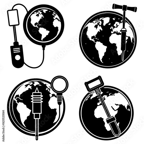 Four globe icons with medical and industrial tools suggesting global health and technology issues