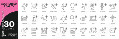 Augmented Reality (AR) Icon Set - 30 Editable Stroke Vector Icons for Interactive Experiences (Navigation, X-Ray Vision, Social AR, Fashion Try-On)
