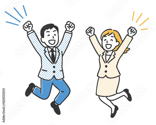 Business duo jumping joy illustration, minimal line art illustration
