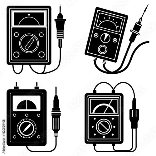 Four black and white analog multimeters with probes and wires in a vector illustration format