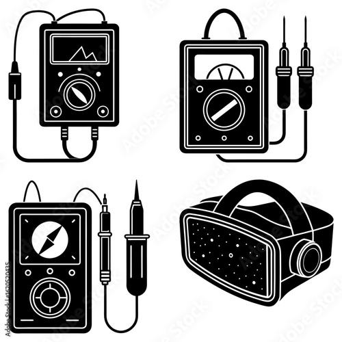 Illustration of electrical testing devices including multimeters and a soldering iron equipment set up