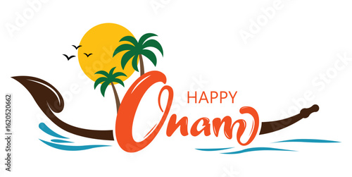 Stylized Happy Onam illustration with bold orange script, Kerala boat shape, teal waves, palm trees, and sun. Flat graphic style celebrating vibrant Onam festival in warm tones.