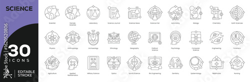 Science & Research Icon Set - 30 Editable Stroke Vector Icons for STEM Fields (Laboratory, Astronomy, Biology, Computer Science)
