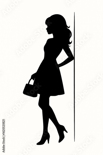 Elegant black silhouette of a woman in side profile wearing a dress and heels, holding a handbag. With flowing hair and a confident stance, she leans stylishly against a vertical line on a light
