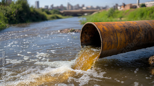 Wallpaper Mural Water pollution: effluent flows from a rusty pipe into a river, threatening aquatic ecosystems and public health. Environmental impact in urban area. Torontodigital.ca