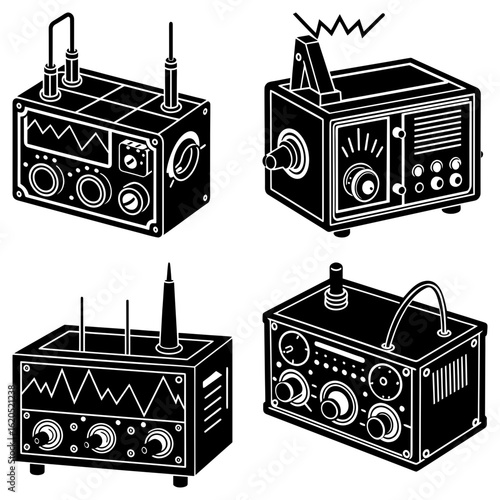 Illustration of four vintage radio transmitters with antennas and various control knobs in black and white