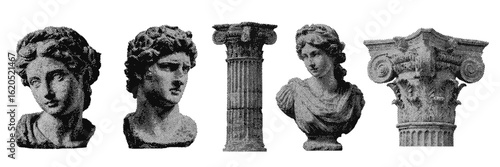 Set of ancient greek statues and columns halftone grunge vector design elements